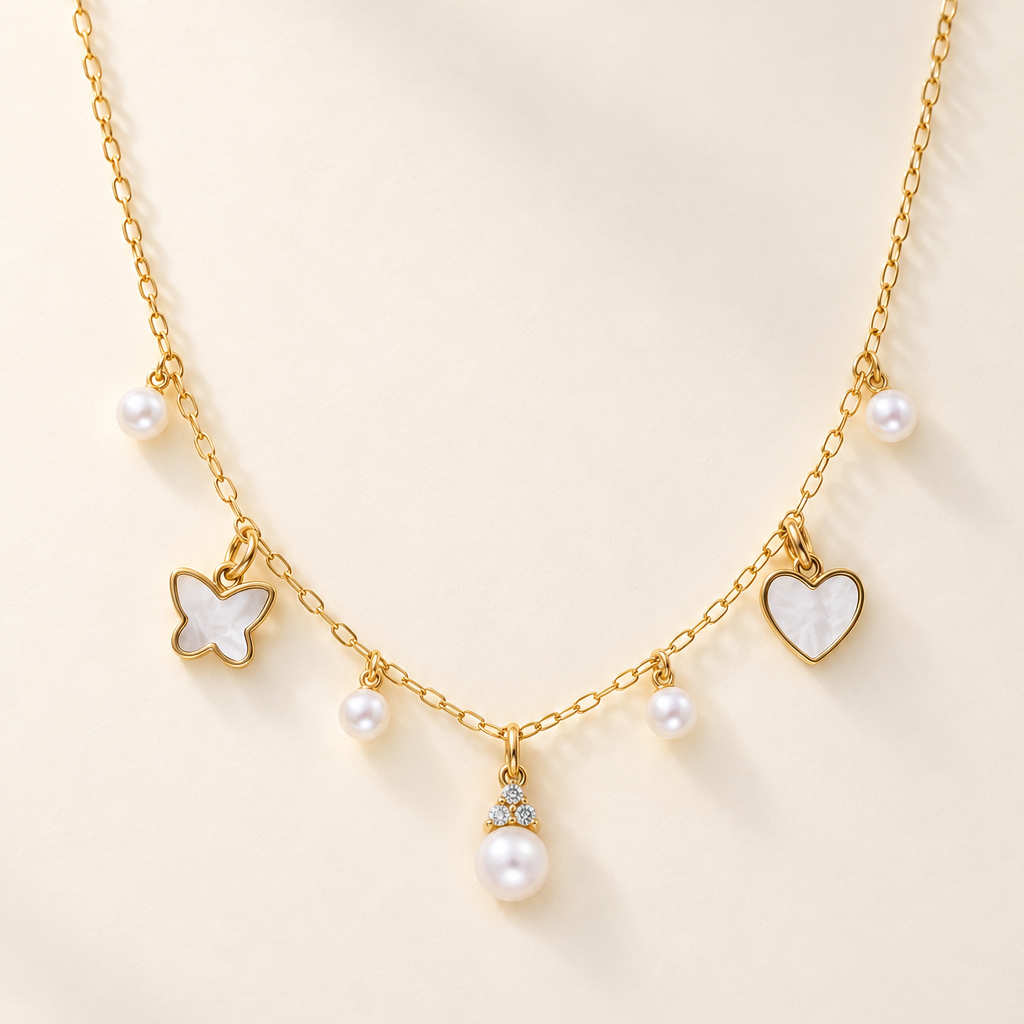 Collana Perla, Farfalla e Cuore in Oro