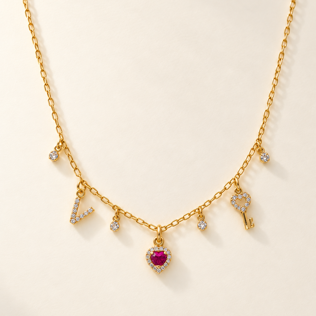 Collar Letra V, Rubí y Llave en Oro