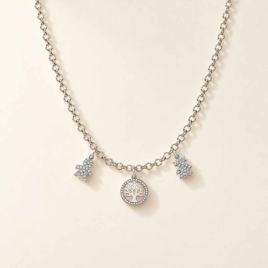 Collana Rolò con Bambino, Albero della Vita e Bambina in Oro Bianco | Facco Gioielli