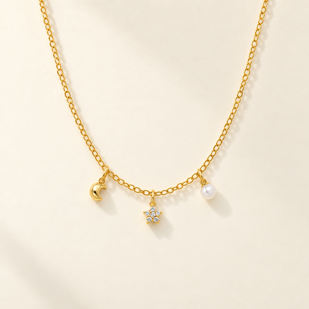Collana Fancy con Luna, Stella e Perla in Oro Giallo | Facco Gioielli