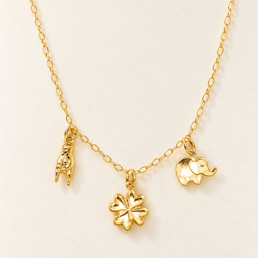 Collana Quadrifoglio, Corna ed Elefantino in Oro