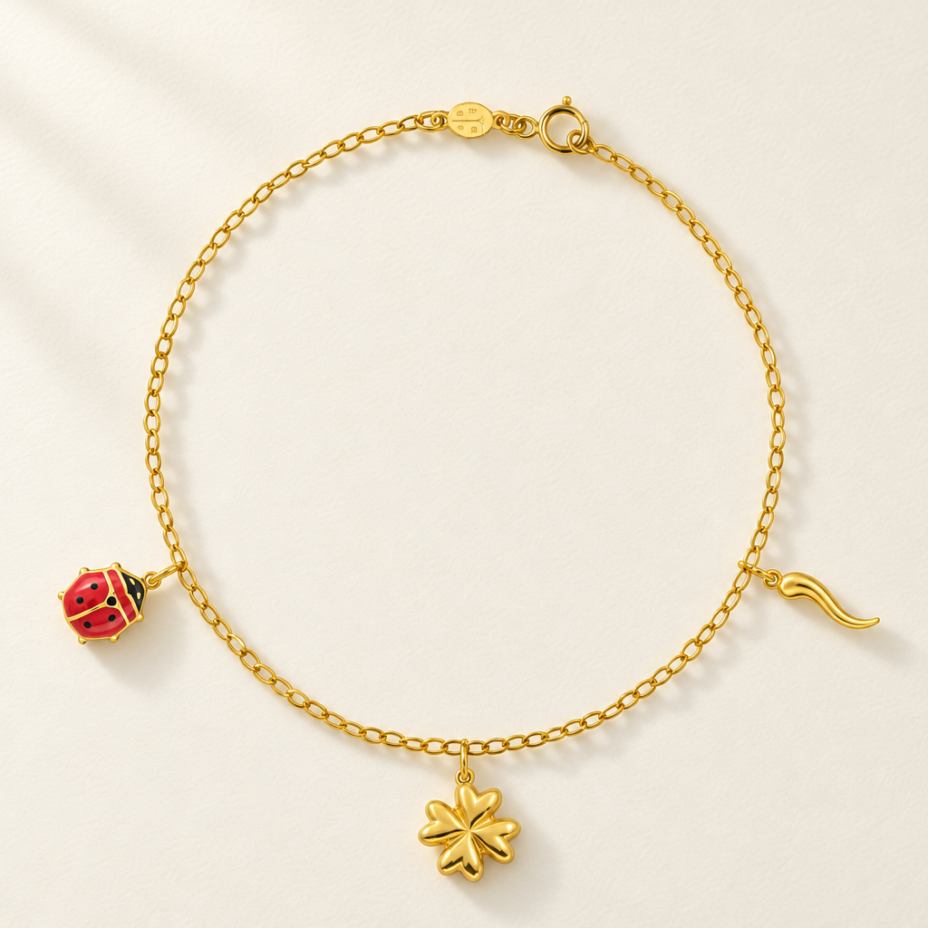 Bracciale Fancy con Coccinella, Quadrifoglio e Cornetto in Oro Giallo | Facco Gioielli
