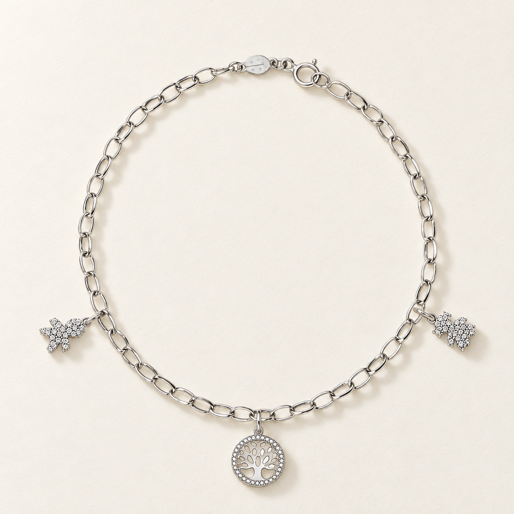 Bracciale Velovale con Bambino, Albero della Vita e Bambina in Oro Bianco | Facco Gioielli