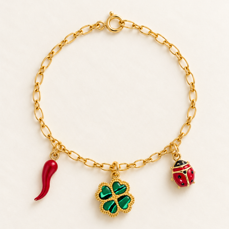 Bracciale Cornetto, Quadrifoglio e Coccinella in Oro