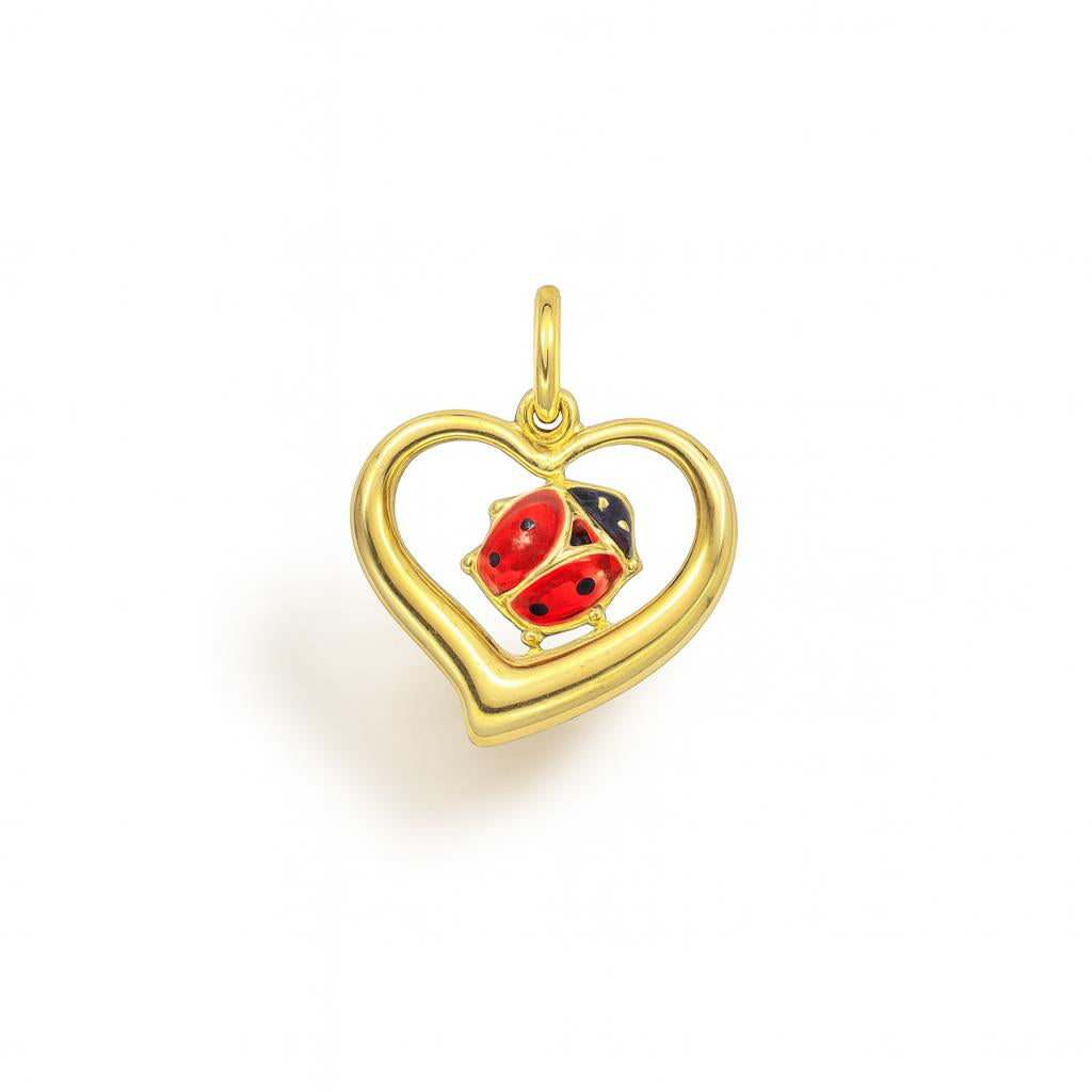 Yellow Gold and Red Enamel Ladybug Heart Charm