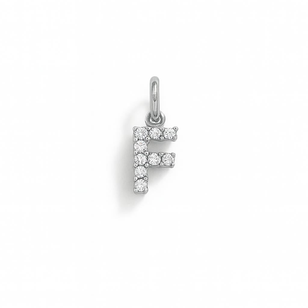 Charm Letra F en Oro Blanco y Circonitas – Modelo 2