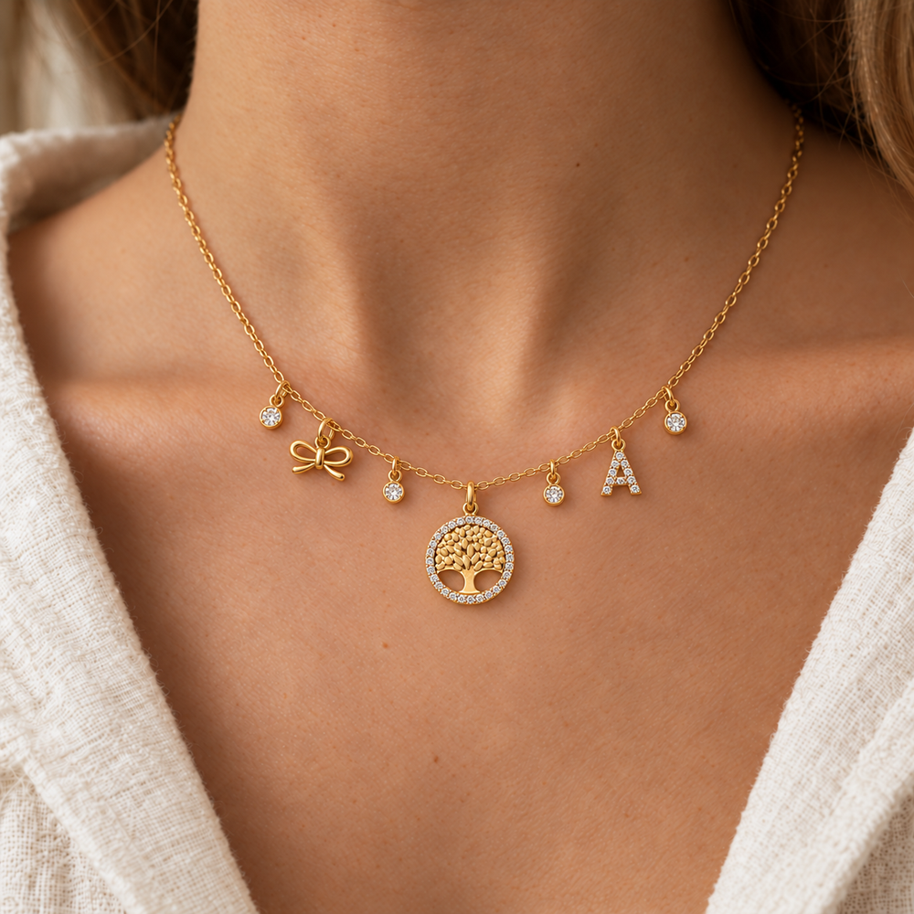 Collana Fiocco, Albero della Vita e Lettera A in Oro