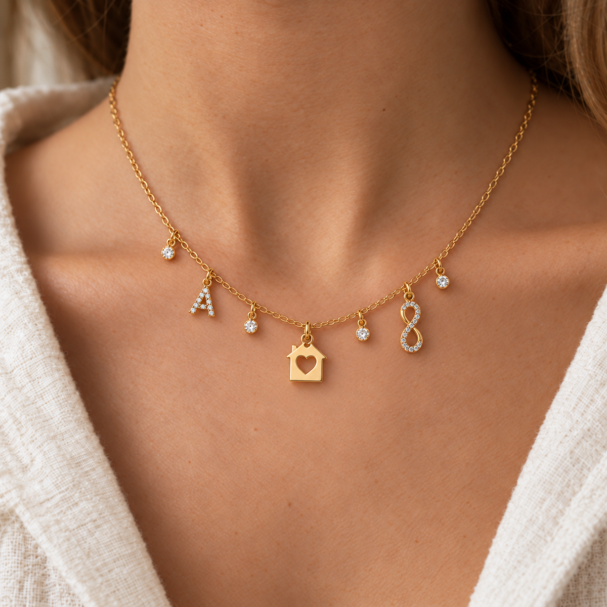 Collana Lettera A, Casa e Infinito in Oro