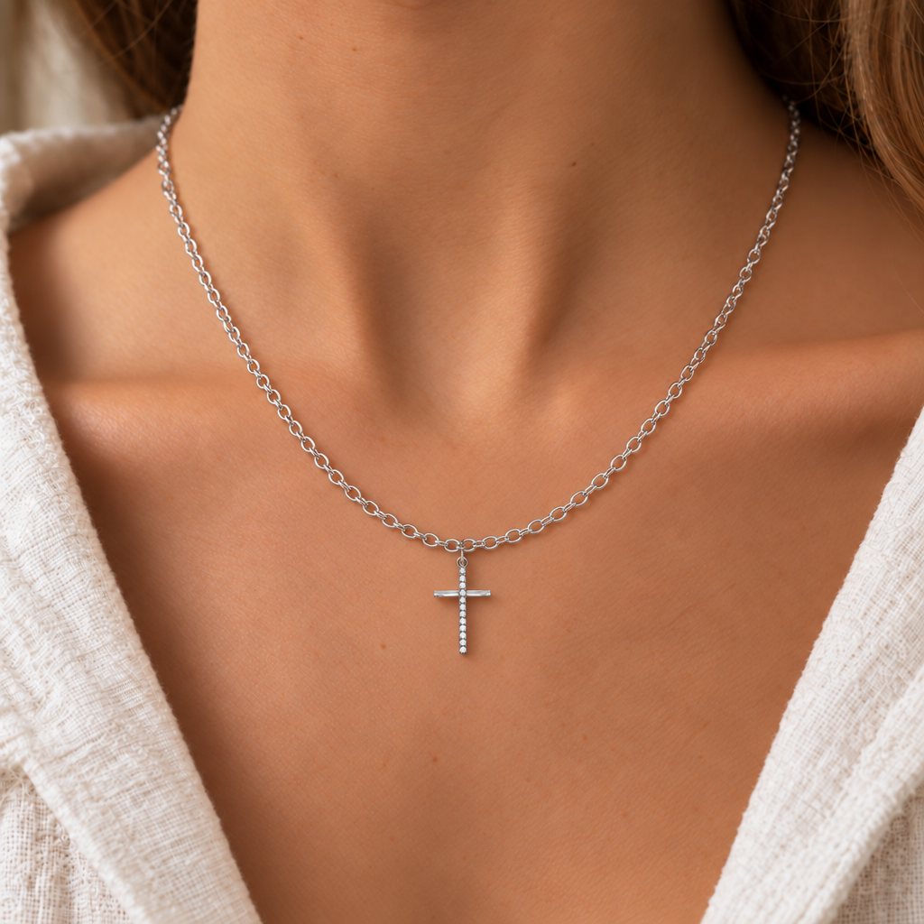 Collana Rolò con Croce in Oro Bianco indossata | Facco Gioielli