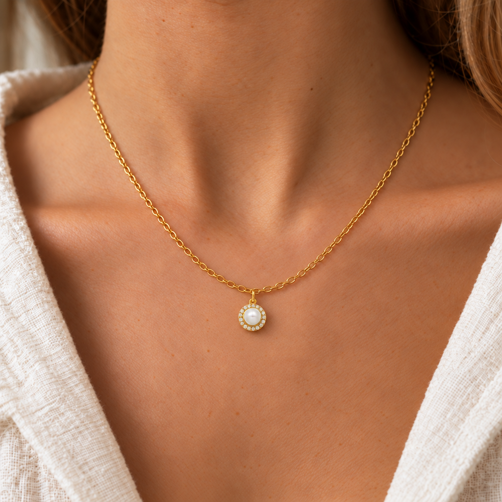 Collana Fancy con Perla in Oro Giallo indossata | Facco Gioielli